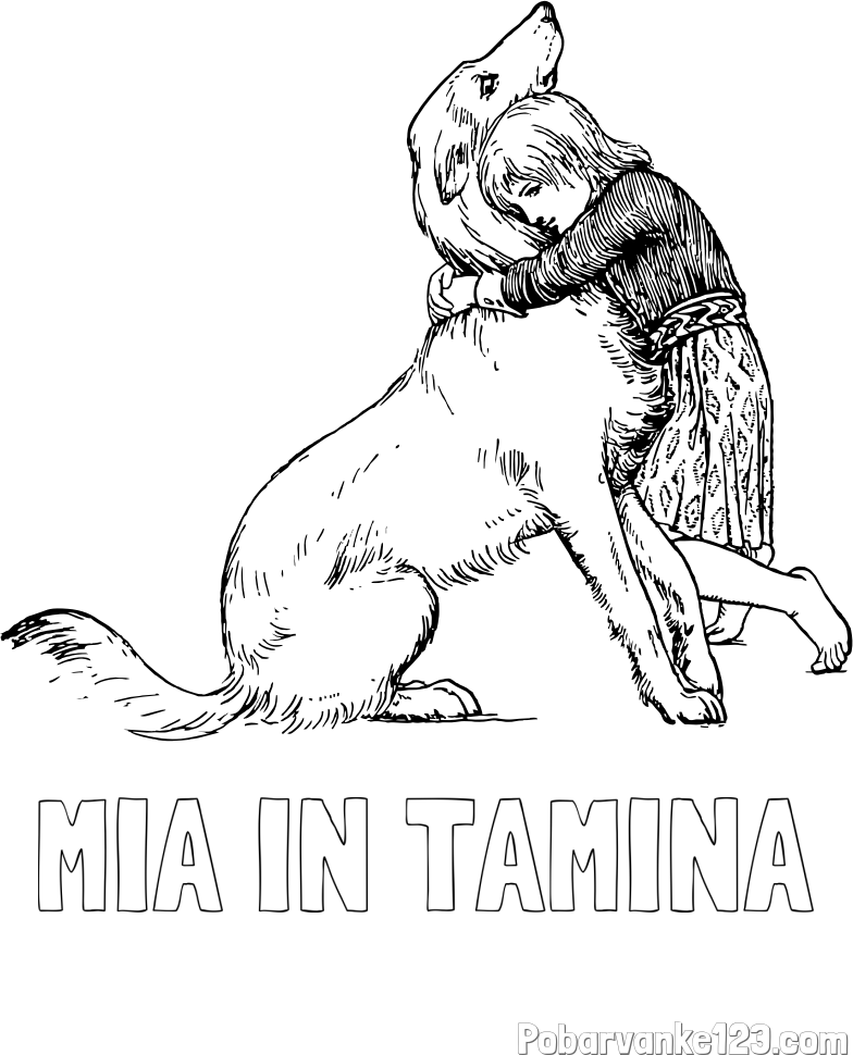 Pobarvanka imena MIA IN TAMINA in pobarvanka prikupnega kužka, ki ga objema mala deklica