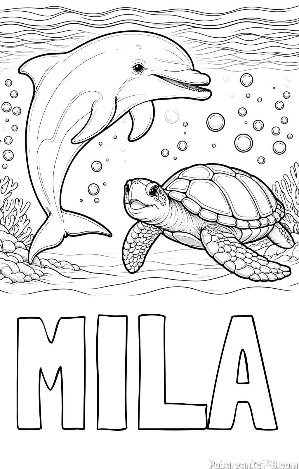 Pobarvanka imena MILA in pobarvanka ljubkega delfina in njegove prijateljice želve