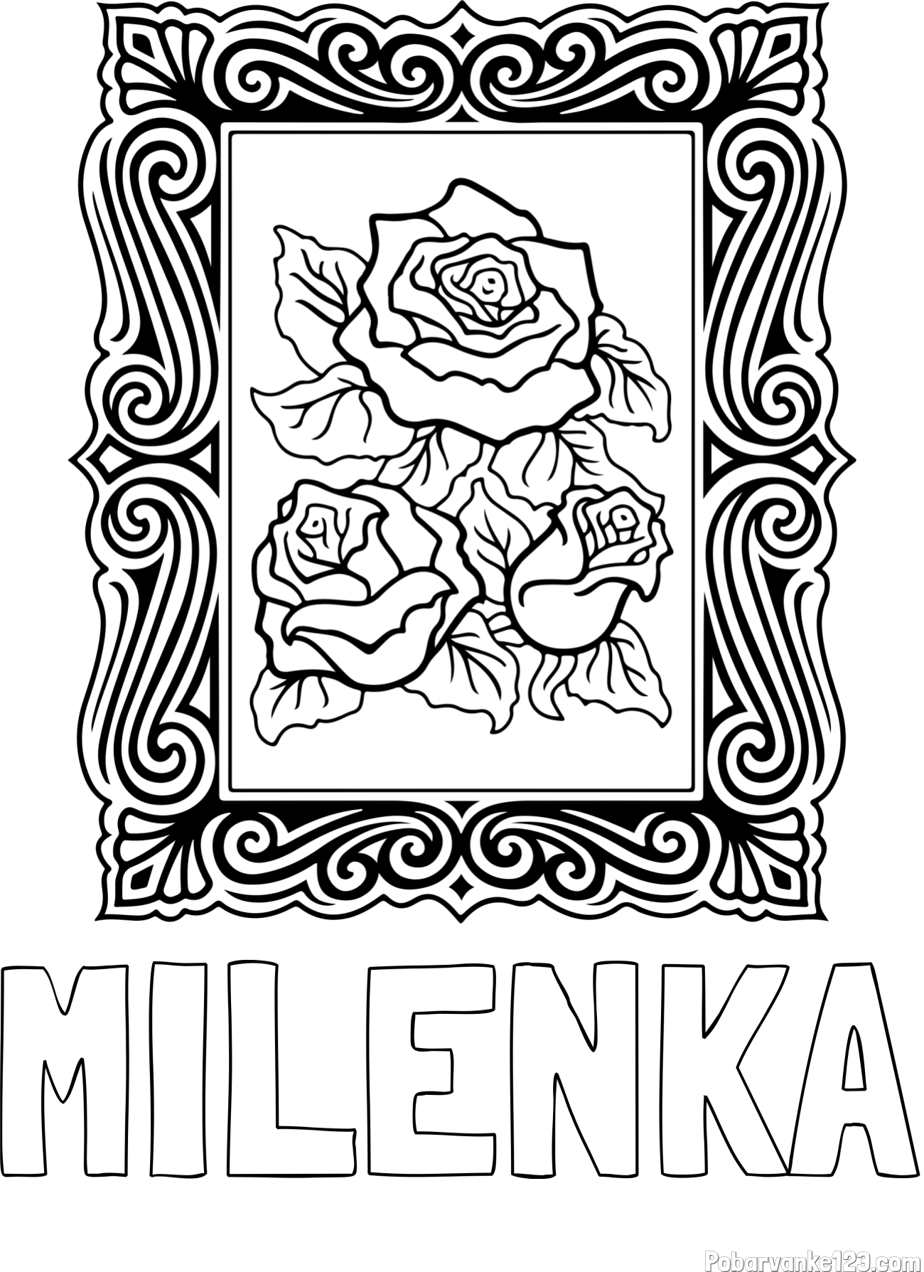 Pobarvanka imena MILENKA in pobarvanka  uokvirjene slike vrtnic