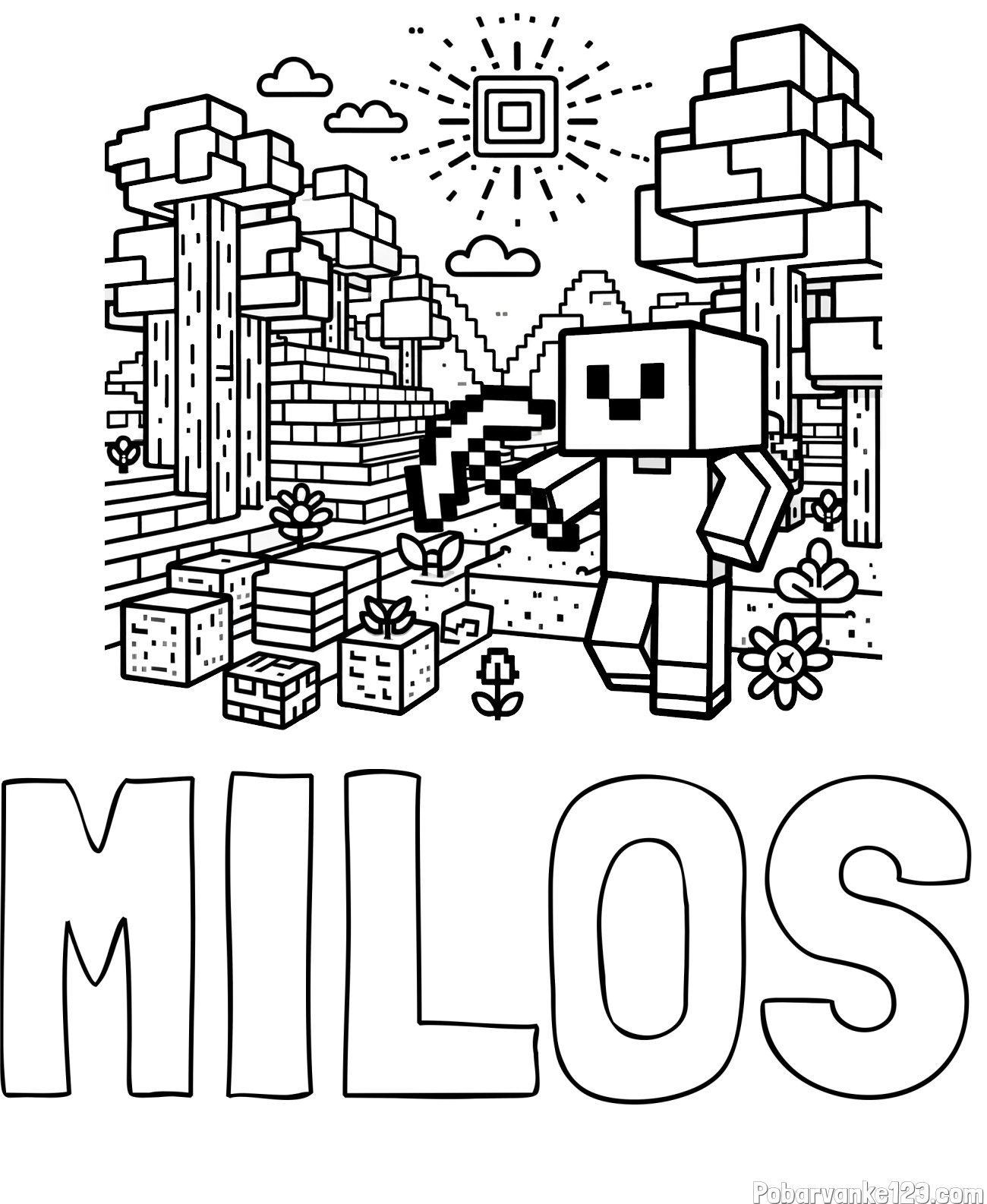 Pobarvanka imena MILOŠ in pobarvanka Minecraft sveta