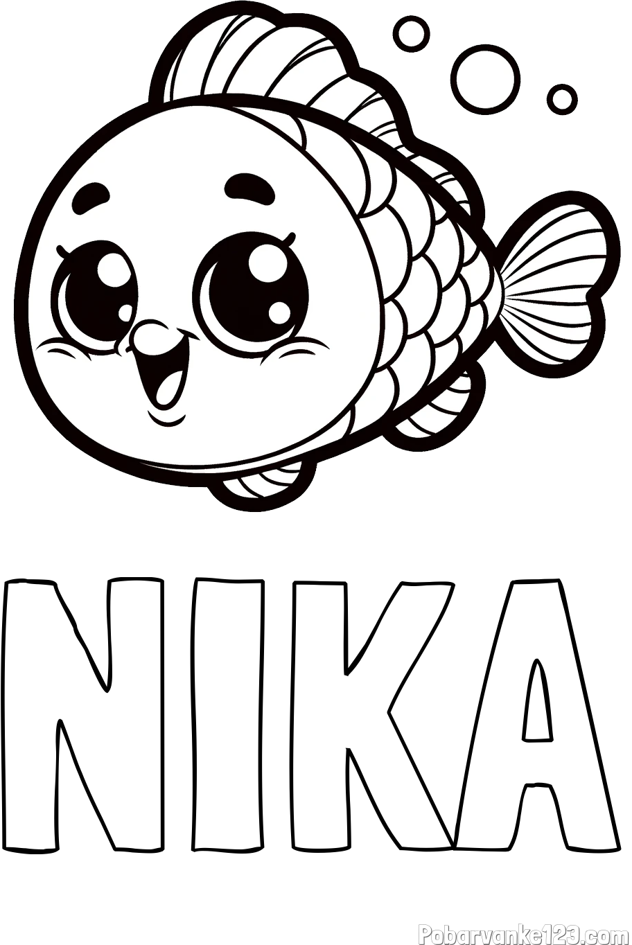 Pobarvanka imena NIKA in otroška pobarvanka nasmejane ribe