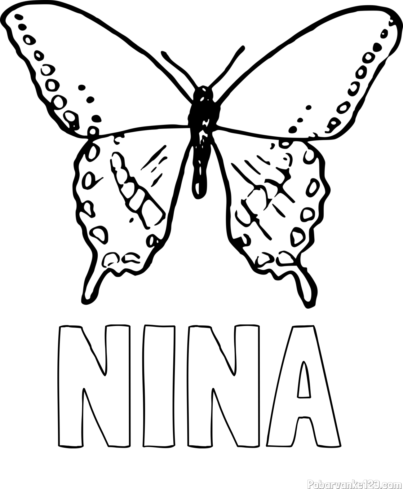 Pobarvanka imena NINA in starejša in preprosta pobarvanka metulja