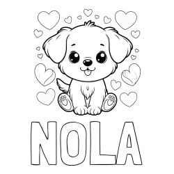 Online izdelana pobarvanka - Pobarvanka imena NOLA in pobarvanka ljubkega kužka obdanega s srčki