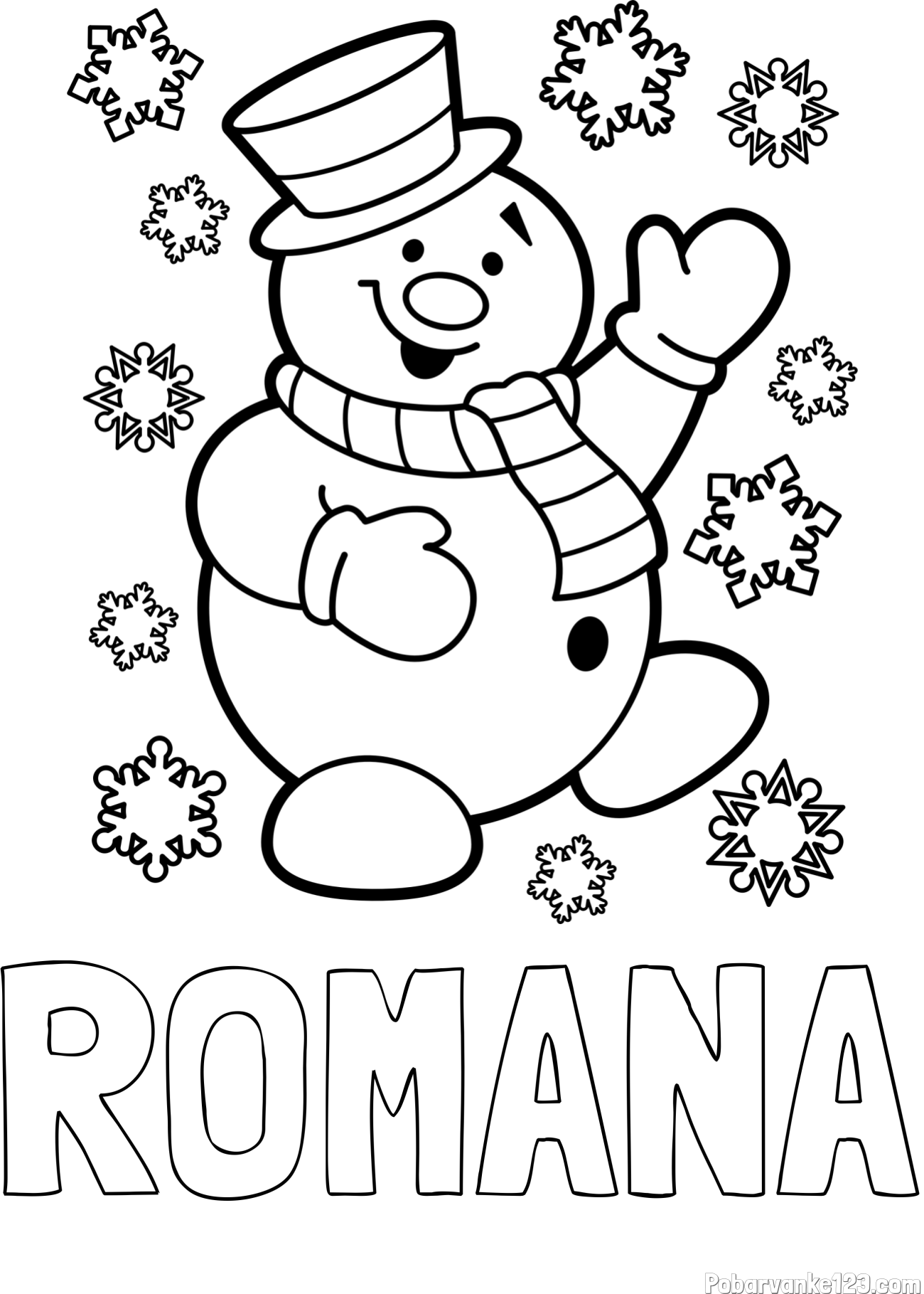 Pobarvanka imena ROMANA in pobarvanka veselega snežaka