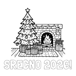 Online izdelana pobarvanka - Pobarvanka imena SREČNO 2026! in pobarvanka božične noči z božično smrečico, darili ter kaminom