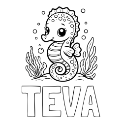 Online izdelana pobarvanka - Pobarvanka imena TEVA in pobarvanka morskega konjička