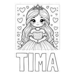 Online izdelana pobarvanka - Pobarvanka imena TIMA in pobarvanka ljubke princese obdane s srčki