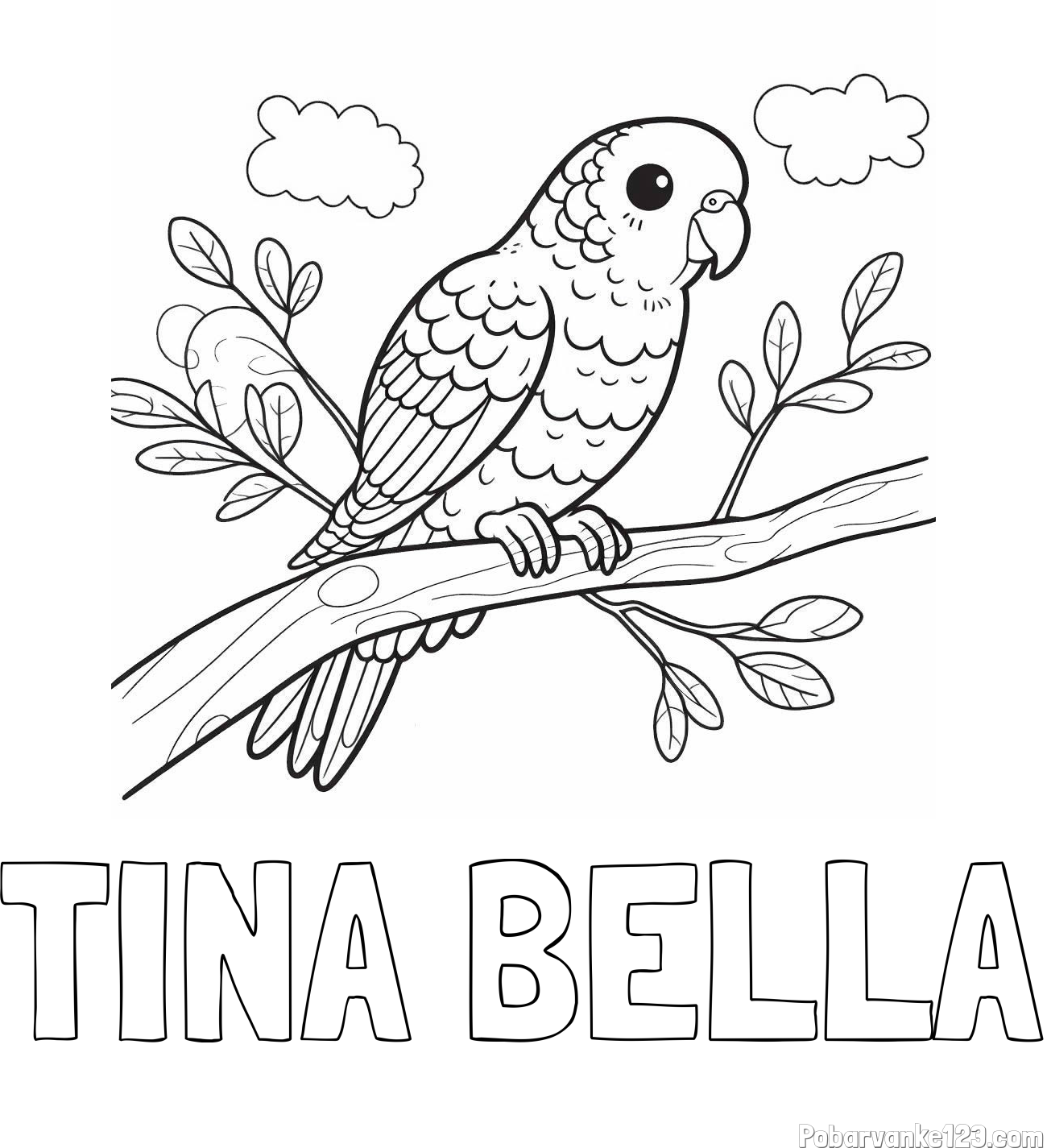 Pobarvanka imena TINA BELLA in pobarvanka ljubkega kanarčka na veji