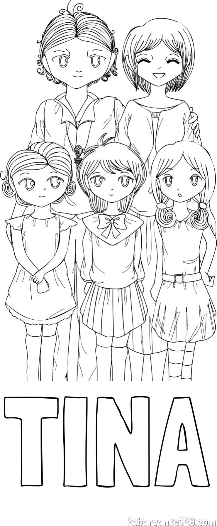 Pobarvanka imena TINA in anime risani junaki