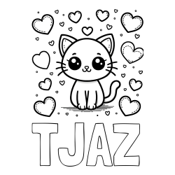 Online izdelana pobarvanka - Pobarvanka imena TJAŽ in pobarvanka ljubke mucke obdane z veliko srčki