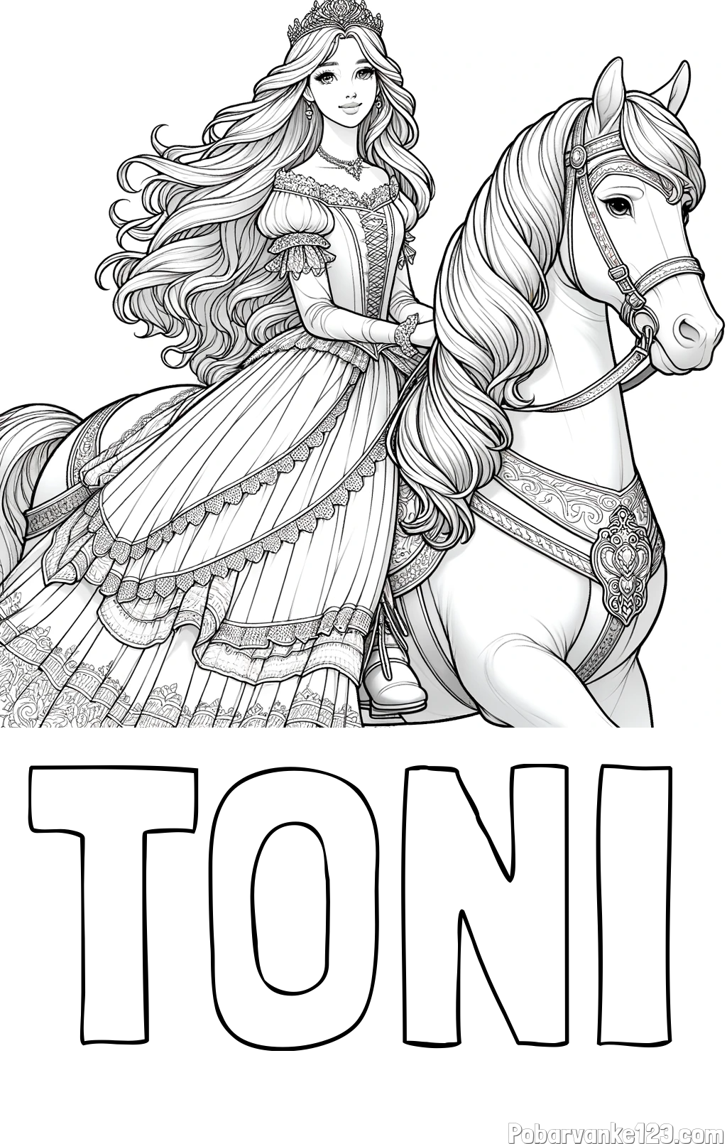 Pobarvanka imena TONI in pobarvanka nasmejana princese na konju