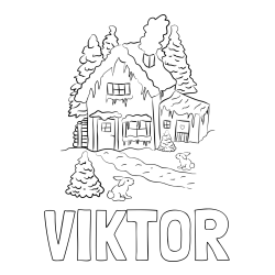 Online izdelana pobarvanka - Pobarvanka imena VIKTOR in pobarvanka zasnežene hiše