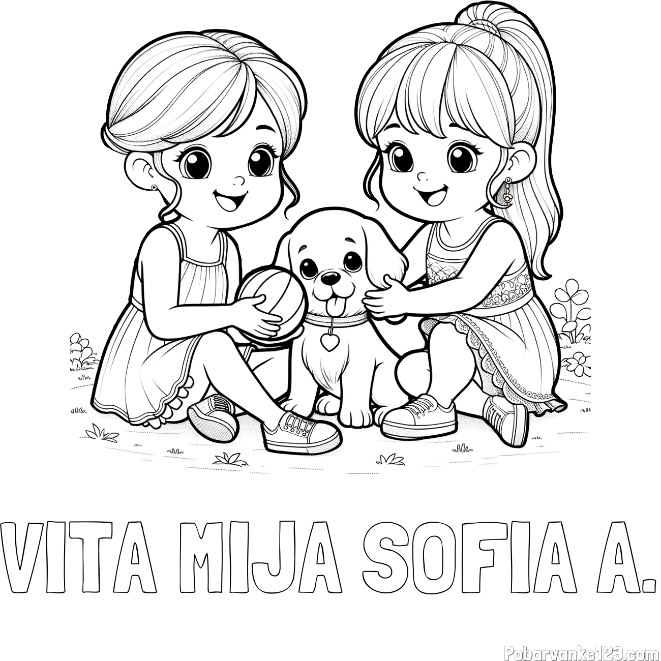 Pobarvanka imena VITA MIJA SOFIA A. in pobarvanka prijateljic s kužkom