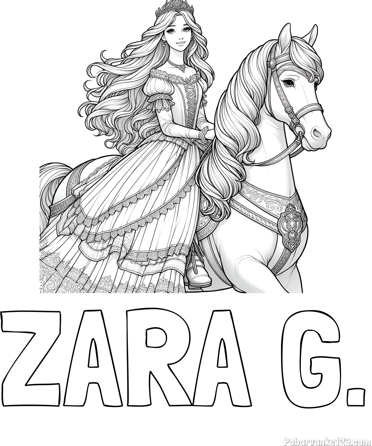 Pobarvanka imena ZARA G. in pobarvanka nasmejana princese na konju