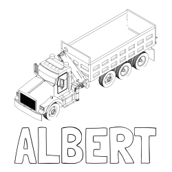 Online izdelana pobarvanka - Pobarvanka imena ALBERT in pobarvanka velikega tovornjaka z dvigalko za nakladanje