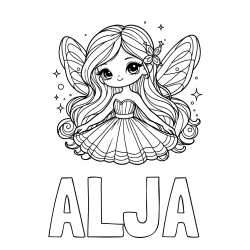 Online izdelana pobarvanka - Pobarvanka imena ALJA in pobarvanka ljubke in nasmejane čarobne vile
