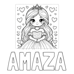 Online izdelana pobarvanka - Pobarvanka imena AMAZA in pobarvanka ljubke princese obdane s srčki