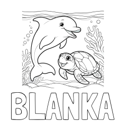 Online izdelana pobarvanka - Pobarvanka imena BLANKA in pobarvanka ljubkega delfina z želvo v morju