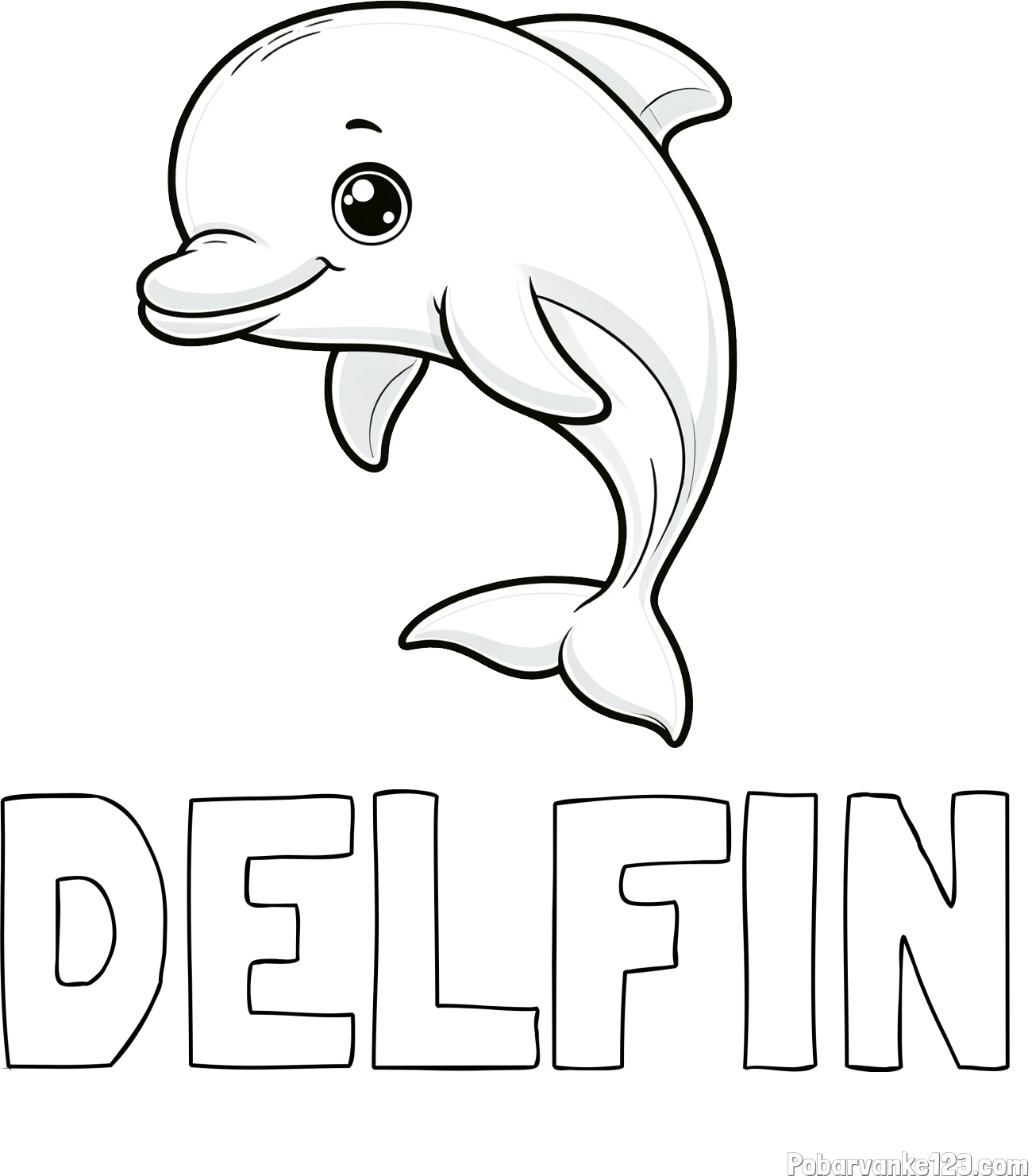 Pobarvanka imena DELFIN in otroška pobarvanka ljubkega delfina