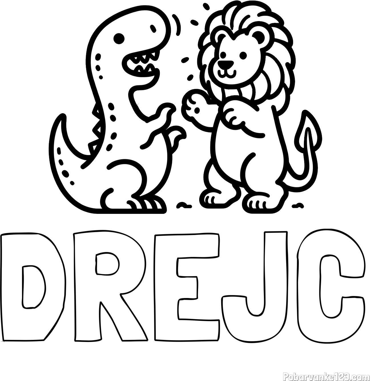 Pobarvanka imena DREJC in pobarvanka dinozavra, ki napada leva