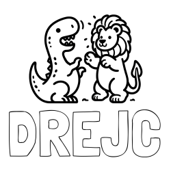 Online izdelana pobarvanka - Pobarvanka imena DREJC in pobarvanka dinozavra, ki napada leva