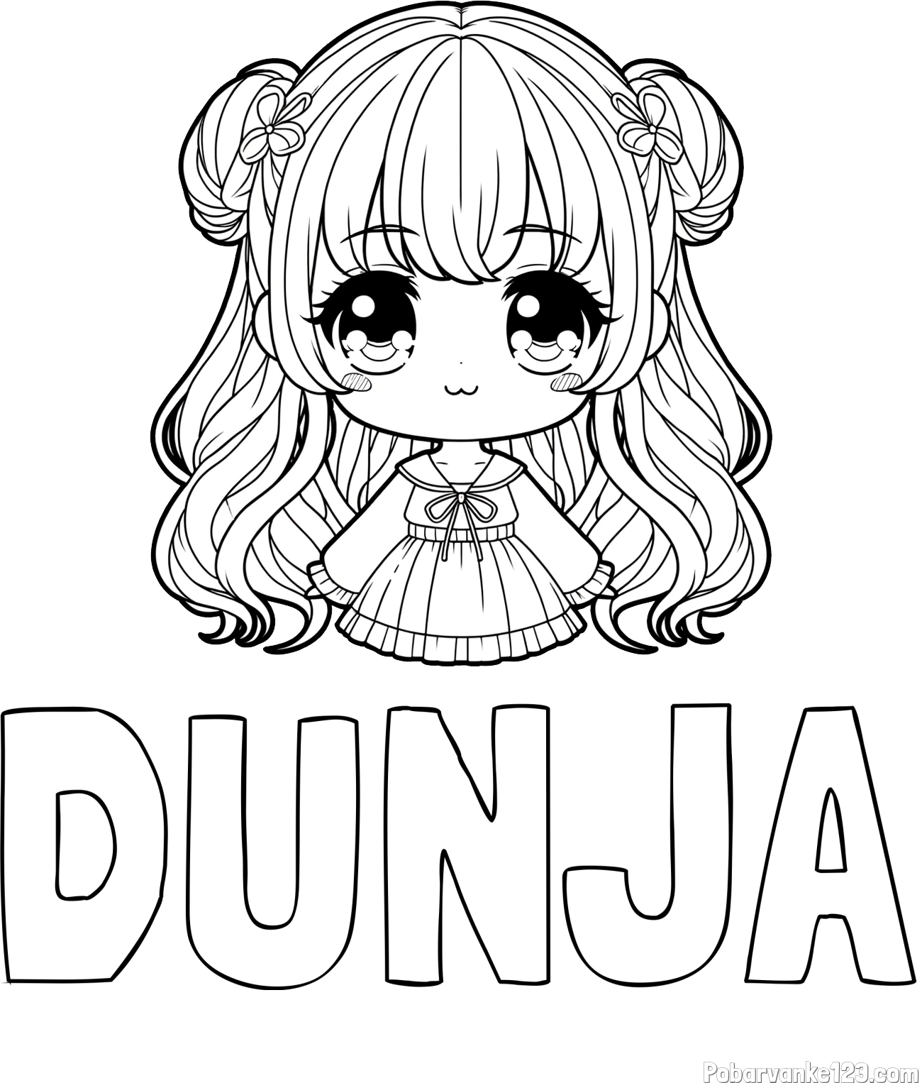Pobarvanka imena DUNJA in pobarvanka prikupne punčke v anime slogu