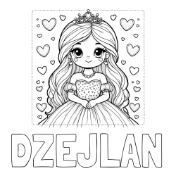 Online izdelana pobarvanka - Pobarvanka imena DŽEJLAN in pobarvanka ljubke princese obdane s srčki