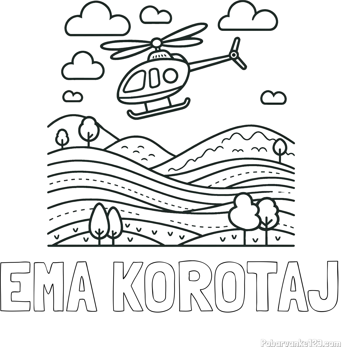 Pobarvanka imena EMA KOROTAJ in pobarvanka helikopterja, ki leti nad pokrajino