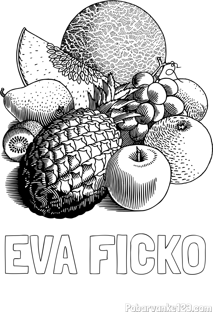 Pobarvanka imena EVA FICKO in pobarvanka sadja (ananas, melona, jabolka, kivi, grozdje, pomaranča...)