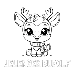 Online izdelana pobarvanka - Pobarvanka imena JELENČEK RUDOLF in otroška pobarvanka jelenčka Rudolfa s šalom okoli vratu