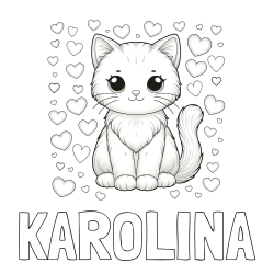 Online izdelana pobarvanka - Pobarvanka imena KAROLINA in pobarvanka ljubke mucke obdane s srčki