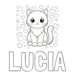 Online izdelana pobarvanka - Pobarvanka imena LUCIA in pobarvanka ljubke mucke obdane s srčki
