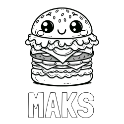 Online izdelana pobarvanka - Pobarvanka imena MAKS in otroška pobarvanka nasmejanega hamburgerja
