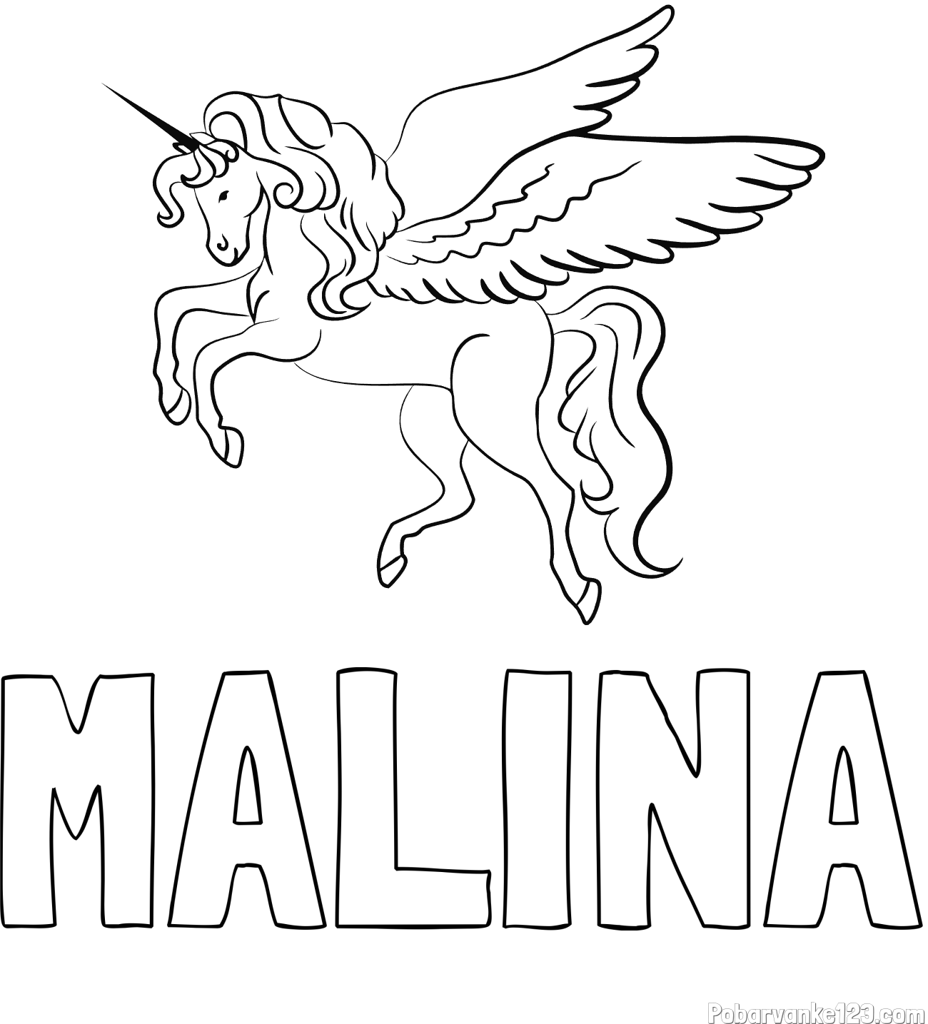 Pobarvanka imena MALINA in lepa pobarvanka samoroga