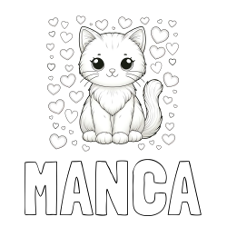 Pobarvanka imena MANCA in pobarvanka ljubke mucke obdane s srčki