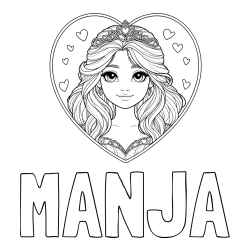 Pobarvanka imena MANJA in pobarvanka princeske ter srčkov