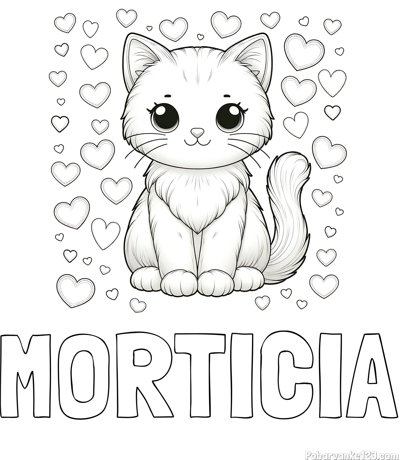 Pobarvanka imena MORTICIA in pobarvanka ljubke mucke obdane s srčki