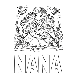 Online izdelana pobarvanka - Pobarvanka imena NANA in pobarvanka prikupne male morske deklice