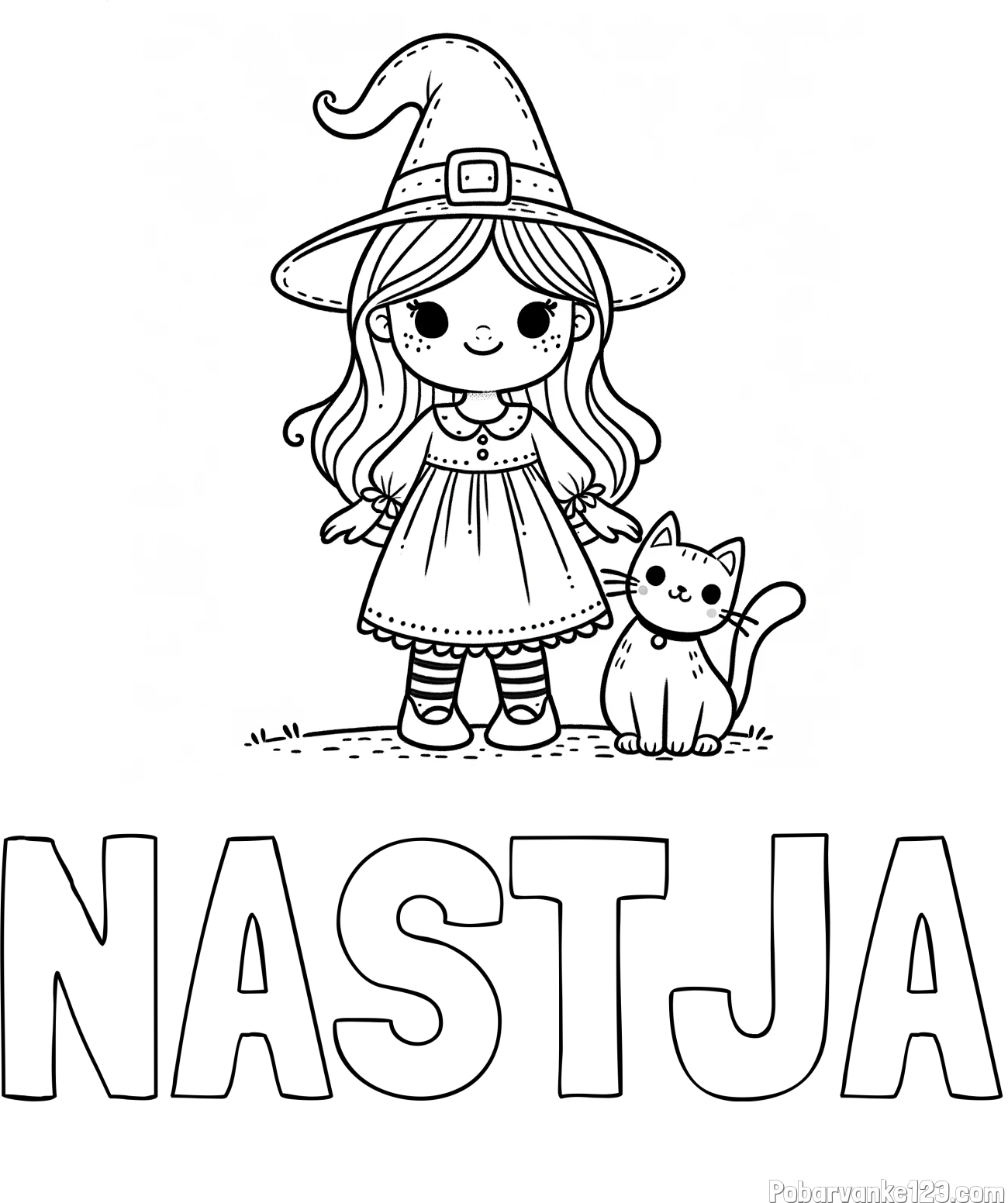 Pobarvanka imena NASTJA in Čudovita pobarvanka ljubke čarovnice in nasmejane mačke