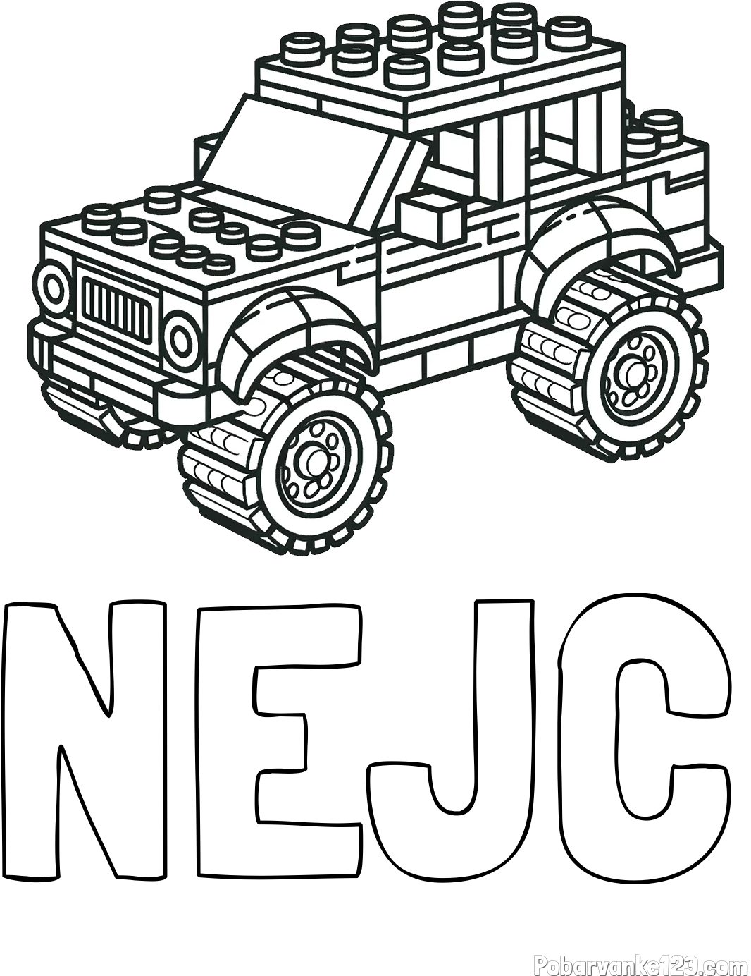 Pobarvanka imena NEJC in pobarvanka džipa sestavljenega iz LEGO kock