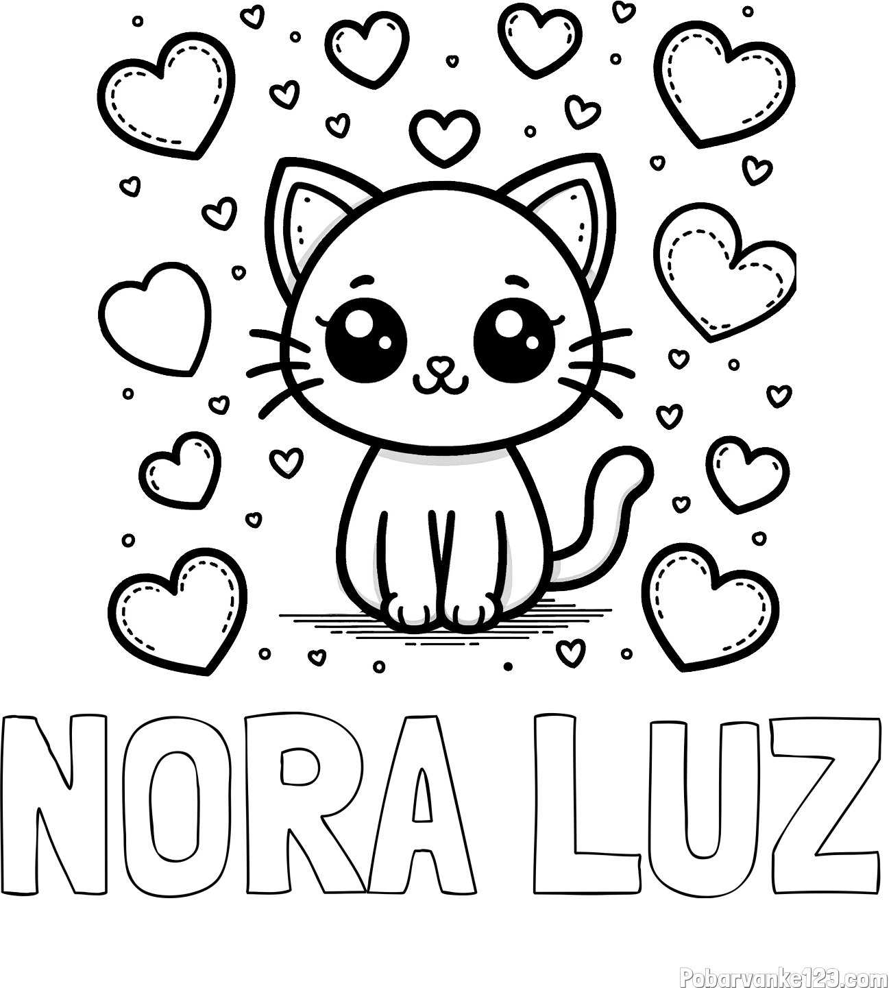 Pobarvanka imena NORA LUZ in pobarvanka ljubke mucke obdane z veliko srčki