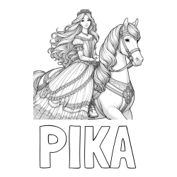 Online izdelana pobarvanka - Pobarvanka imena PIKA in pobarvanka nasmejana princese na konju