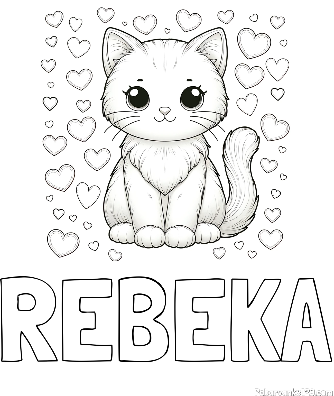 Pobarvanka imena REBEKA in pobarvanka ljubke mucke obdane s srčki