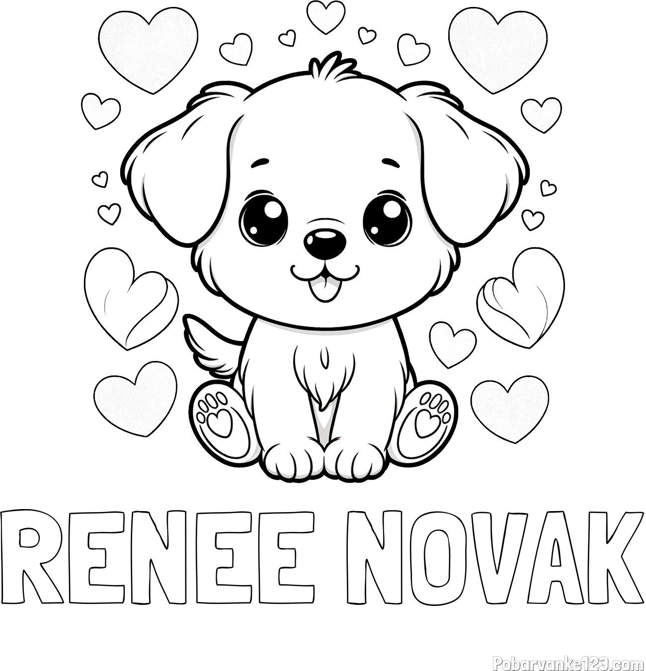 Pobarvanka imena RENEE NOVAK in pobarvanka ljubkega kužka obdanega s srčki