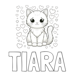 Online izdelana pobarvanka - Pobarvanka imena TIARA in pobarvanka ljubke mucke obdane s srčki