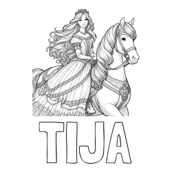 Online izdelana pobarvanka - Pobarvanka imena TIJA in pobarvanka nasmejana princese na konju