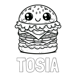 Online izdelana pobarvanka - Pobarvanka imena TOSIA in otroška pobarvanka nasmejanega hamburgerja