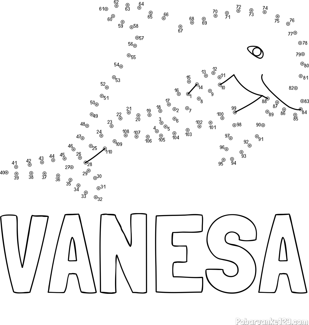 Pobarvanka imena VANESA in pobarvanka delfina - poveži številke