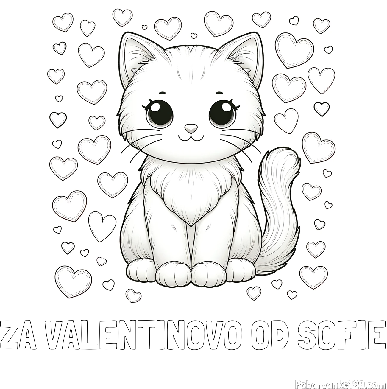 Pobarvanka imena ZA VALENTINOVO OD SOFIE in pobarvanka ljubke mucke obdane s srčki