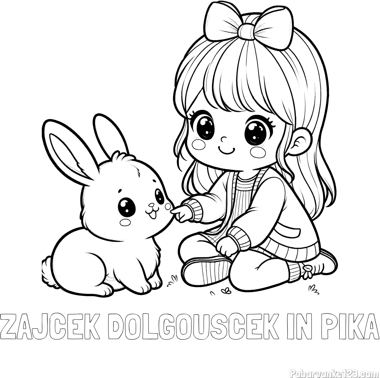 Pobarvanka imena ZAJČEK DOLGOUŠČEK IN PIKA in pobarvanka ljubke punčke, ki se igra z zajčkom